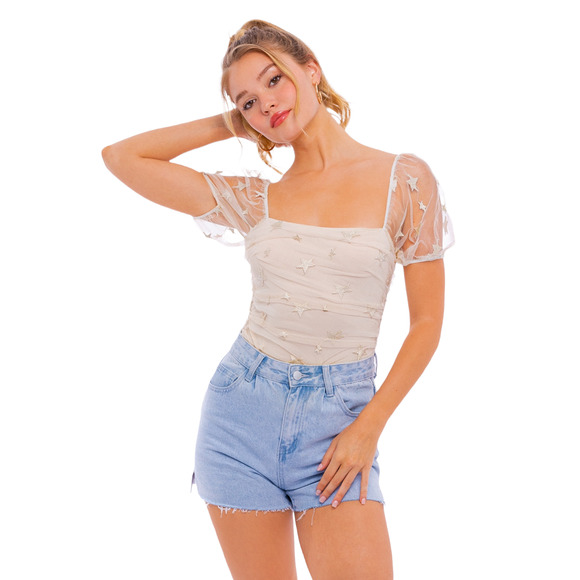 Le Lis Mesh Cream Champagne Gold Star Bodysuit Size Medium New With Tags - Picture 8 of 12